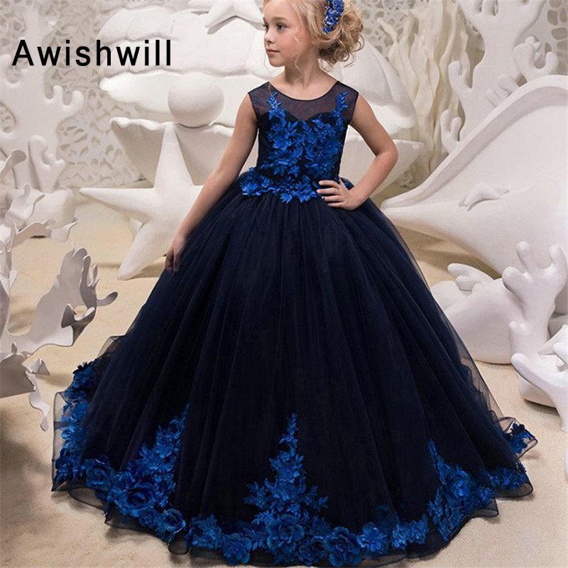 New Arrival Illusion Neck Flower Girl Dress Appliques Tulle Lace-up Back Kids Pageant Gown for Weddings, Black 
New Arrival Illusion Neck Flower Girl Dress Appliques Tulle Lace-up Back Kids Pageant Gown for Weddings, Black