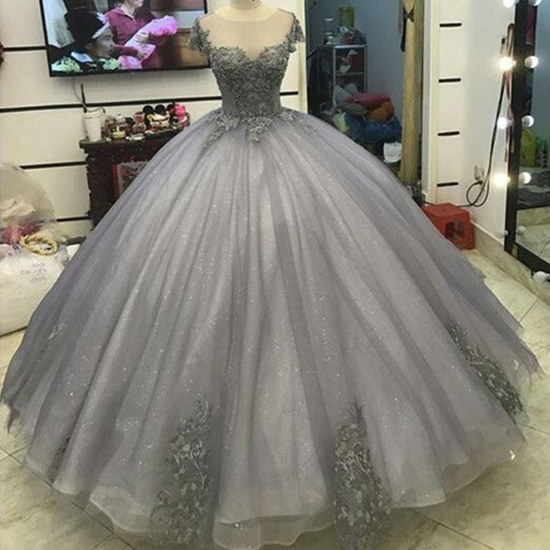 Silver Jewel neck Quinceanera Dresses Floral Sweet 16 15 Graduation Gowns Vestidos De Fiesta Formal Party Prom Gowns For Girls