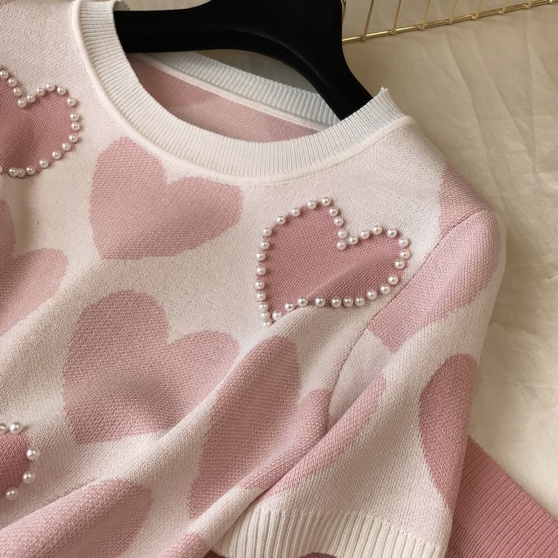 Korean summer Love printed knitted 2 Peice Set Women short sleeve beading Sweater Female tops+pants Suit pink casual Tracksuit 201007