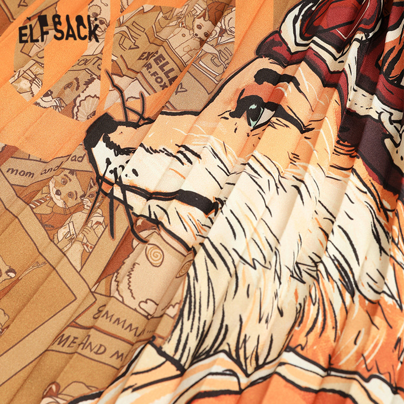 ELFSACK Fox Printed High Waist Pleated Skirts Women Winter New Fashion A Line Skinny Office Ladies Daily Long Skirt T200113