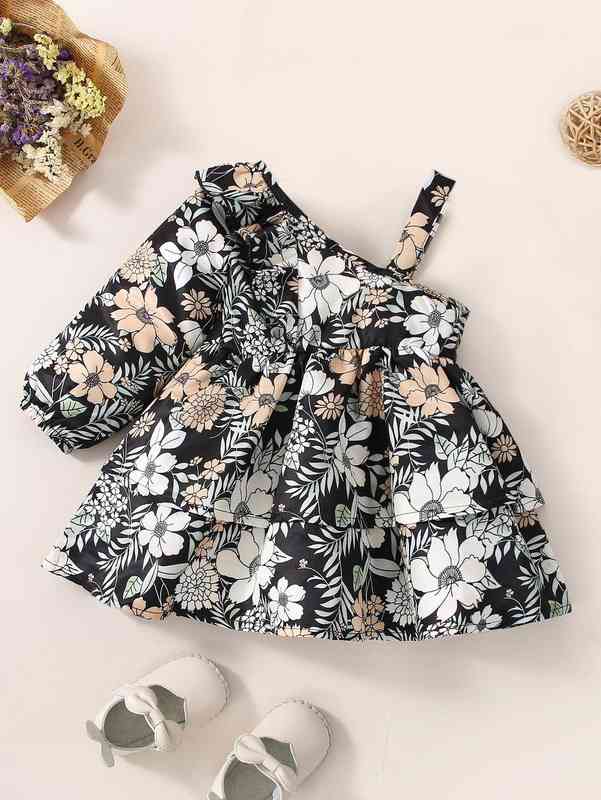 Baby Floral Print Asymmetrical Neck Ruffle Trim Dress SHE