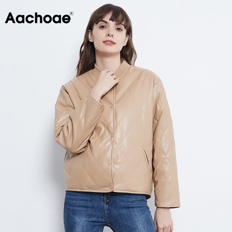 Aachoae Fashion Argyle Padded Jacket Women PU Faux Leather Long Sleeve Coat Female Loose Casual Ladies Winter Jackets 201028