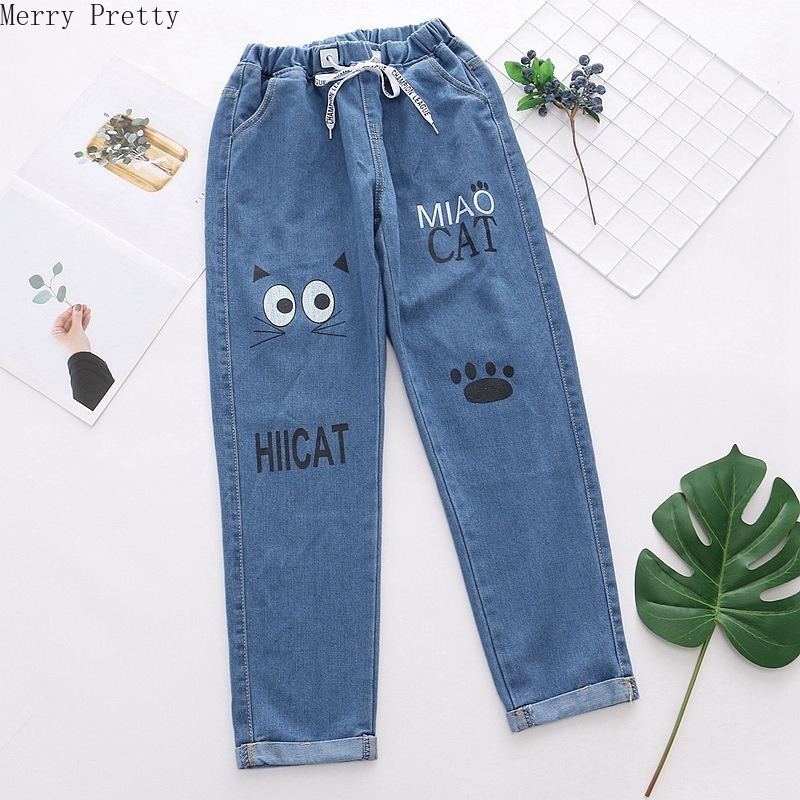 Women Cartoon Letter Print Funny Jeans Summer Fashion Bule Denim Jeans Female Ankle Length Straight Pants With Pockets 201029