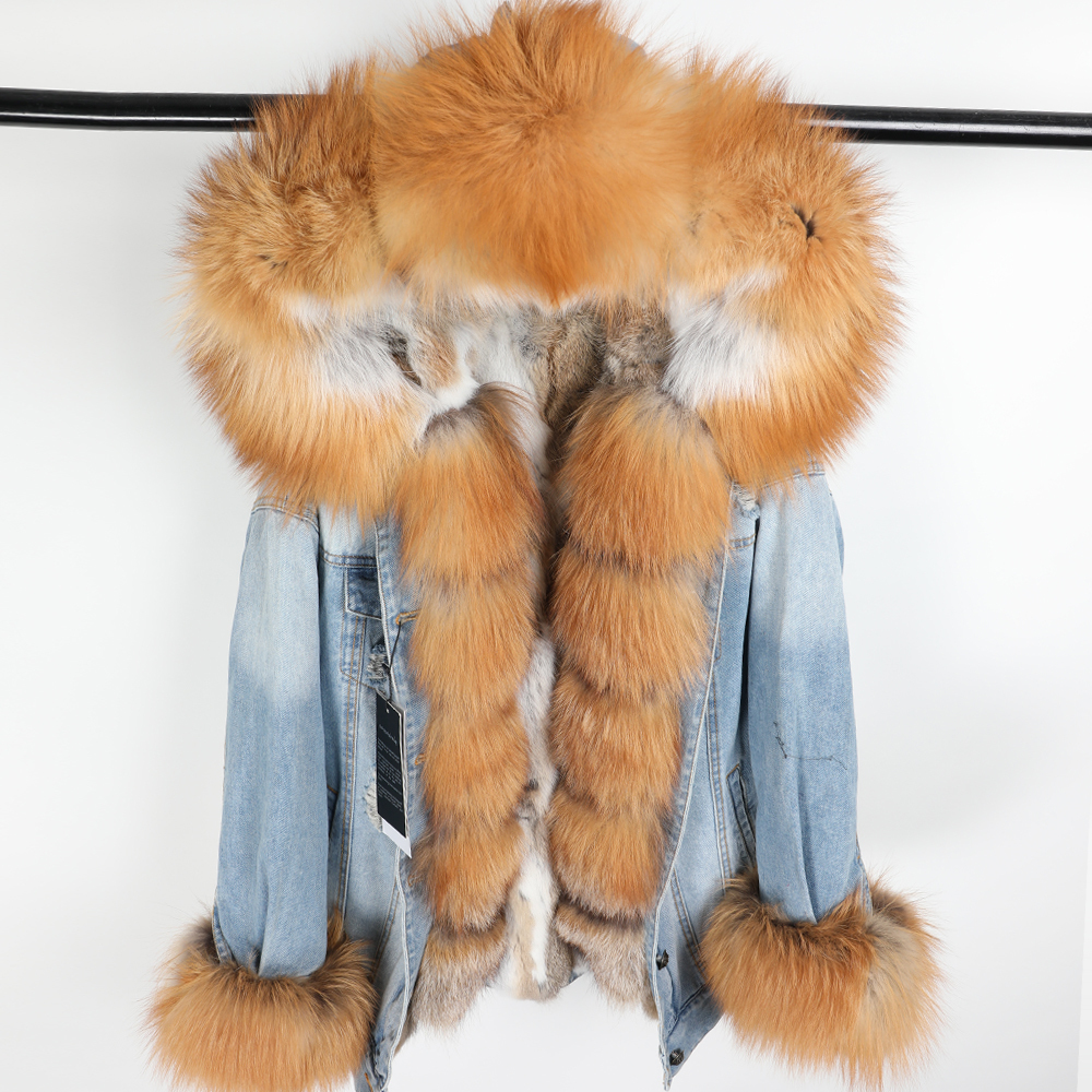 Winter Women Natural fur big fur collar Coat Denim loose fashion Fur detachable Rabbit lining Parka Leather Jacket 201127