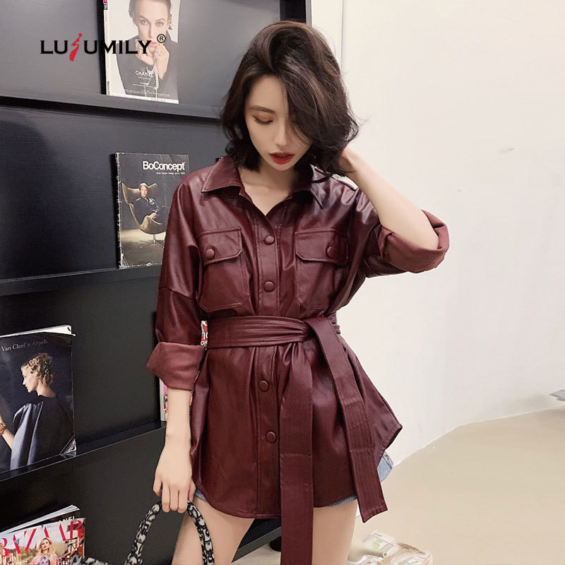 Lusumily Leather Jacket Women Tie Belt Waist Pockets Outwear Fashion Single Button Coats Burgundy Casual Elegant Faux Pu Jackets T200810