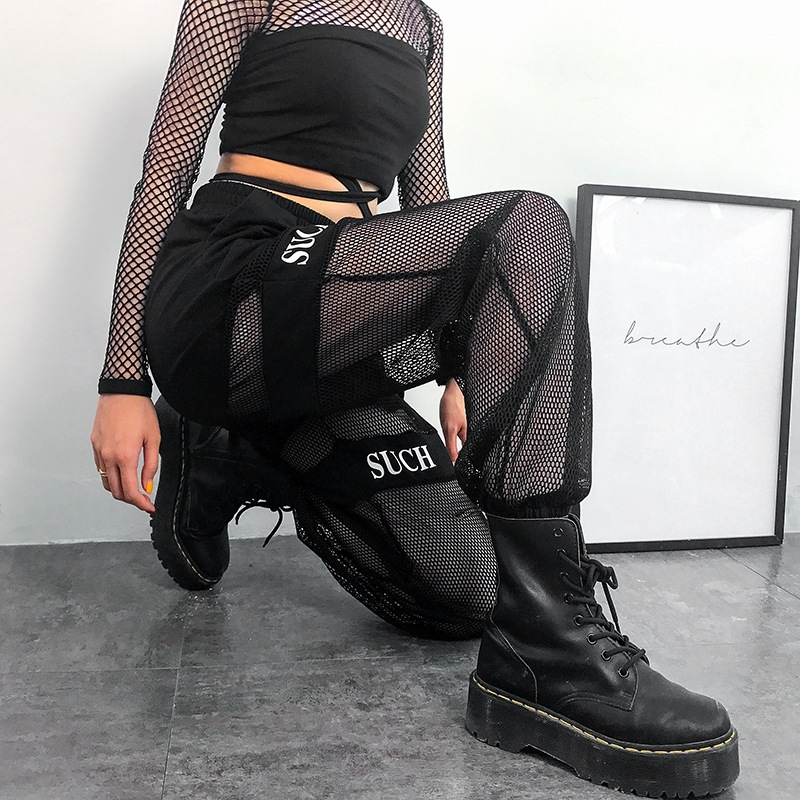 Black Gothic Streetwear Pants Casual Fishnet Mesh Patchwork Baggy Pants Women Summer Elastic Igh Waist Trousers T200606