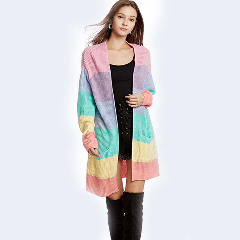 Womens elegant Loose Sweater Yellow Casual Coat Women Rainbow striped long cardigan female Autumn Winter knitted sweater Jacket 201221