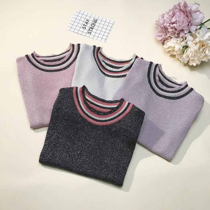Bling Summer Tees For Women Knitted Tops O-neck Short Sleeve Sweaters 2019 Ice Cool Knitting shirts Striped Casual Clothings T200116