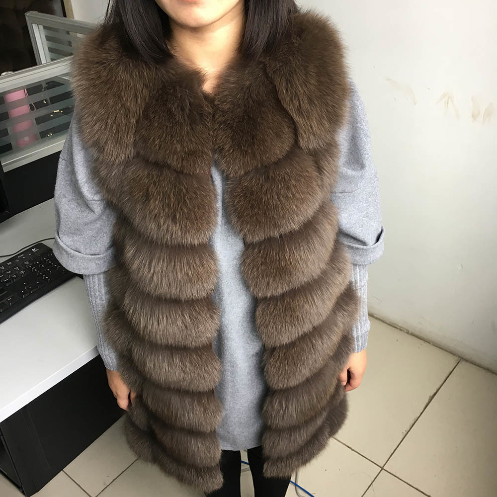 maomaokong 88cm long natural fur vest fashion sleeveless fur jacket coat warm female slim park jacket 201016
