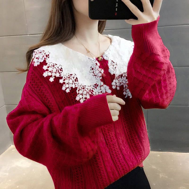 new autumn sweater female Korean version loose autumn winter outer wear lace doll collar knit pullover top 210203