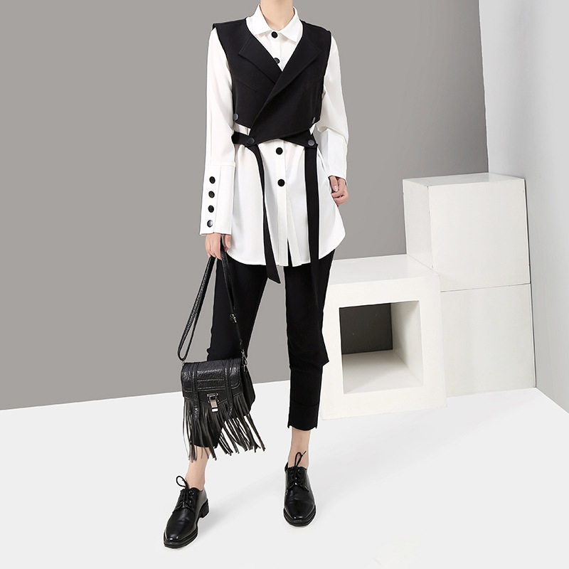 [EAM] Women Two Piece Blouse Strap Black Button New Lapel Long Sleeve Loose Fit Shirt Fashion Tide Spring Autumn LJ200922