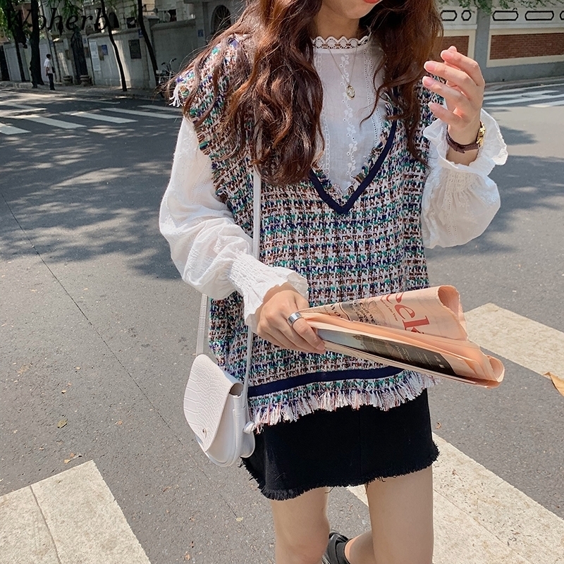 Vintage Women's Sweaters Vest Autumn Casual V-Neck Tassel Sleeveless Knitted Sweaters Female Loose Sweater Pullover 201023