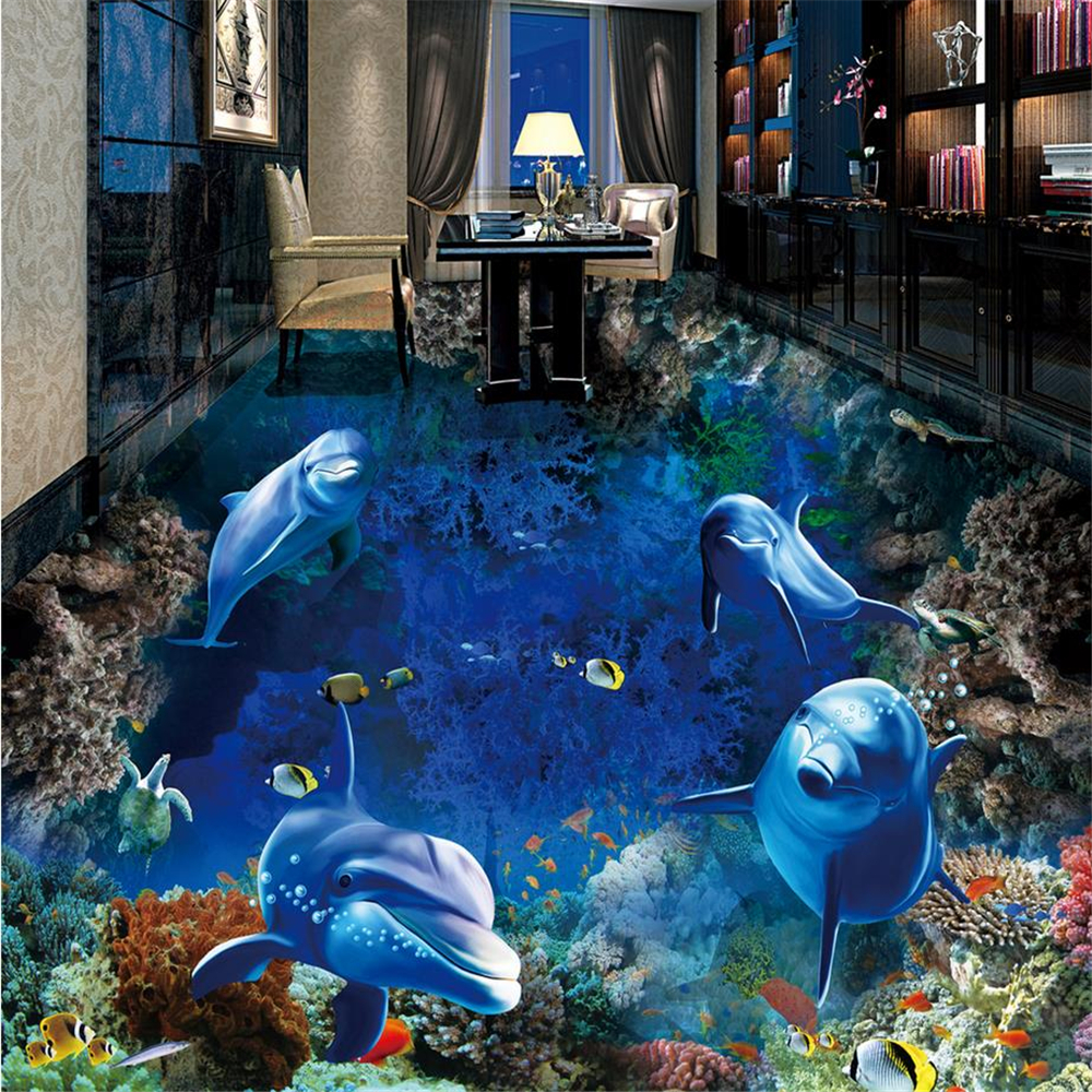 3d floor Underwater World Dolphins wallpaper pvc self adhesive wallpaper 3d floor painting for living room