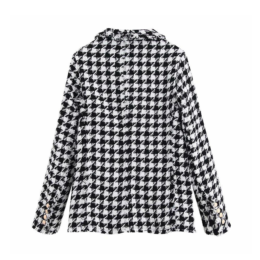 TRAF Women Tops Vintage Houndstooth Double Breasted Blazer Coat Fashion Long Sleeve Frayed Trims Outerwear Chic Plaid Jacket 201102