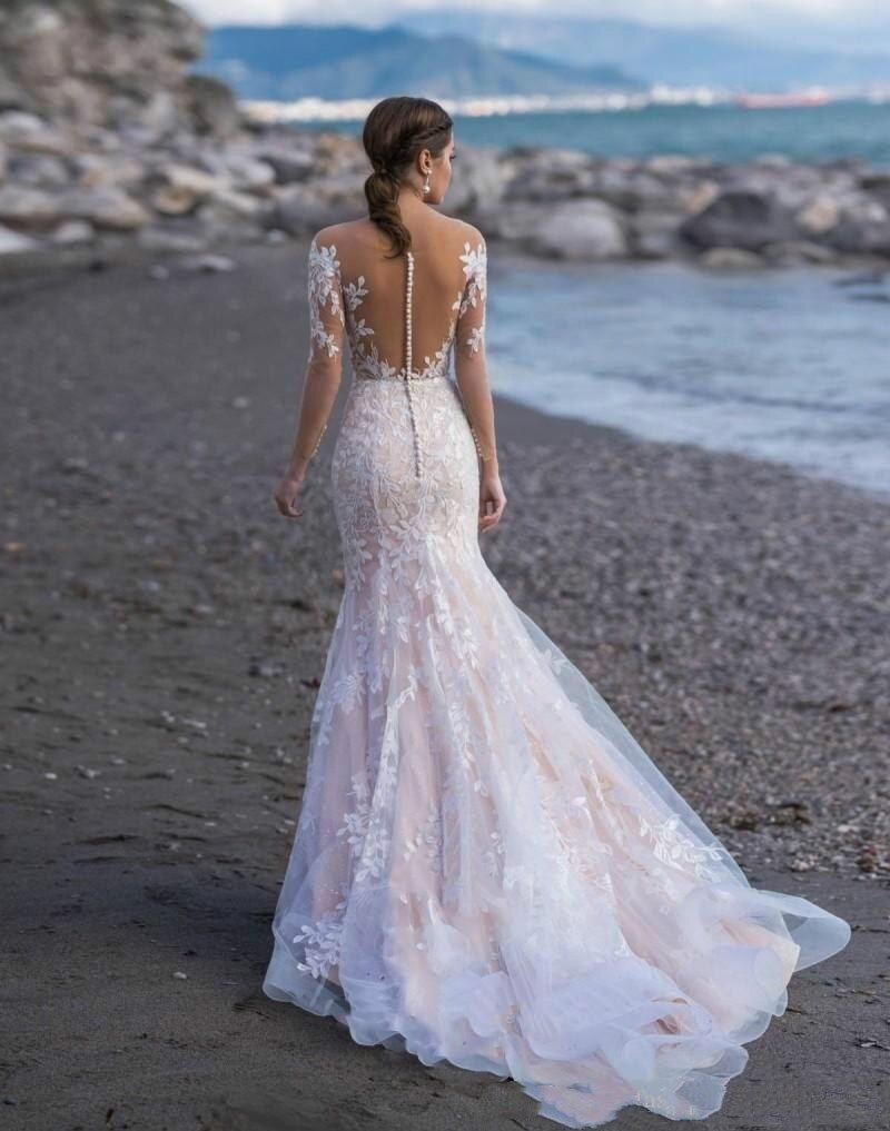 Beach Mermaid Wedding Dresses Full Appliqued Lace Long Sleeves Boho Bridal Gowns Sexy Bohemia Ruched Tulle Custom Made Vestidos De Novia