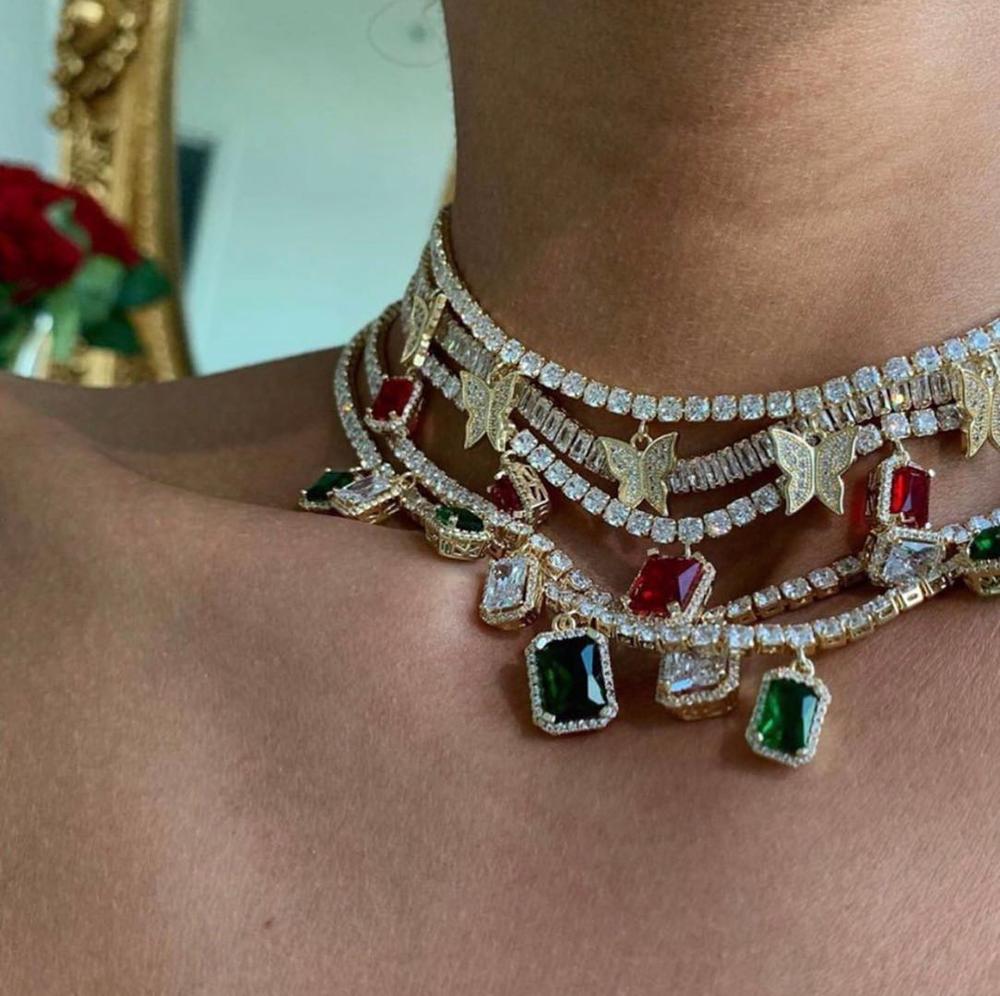 iced out bling hip hop women jewelry Heart arrow cz tennis chain with cz butterfly charm 32+10cm choker necklaces