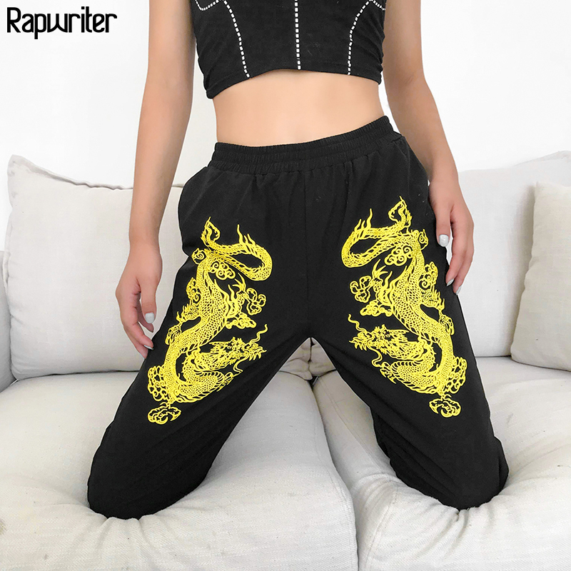 Rapwriter Fashion Dragon Print Sweatpant Summer Stretch High Waist Pencil Streetwear Cargo Jogger Pants Black 201109
