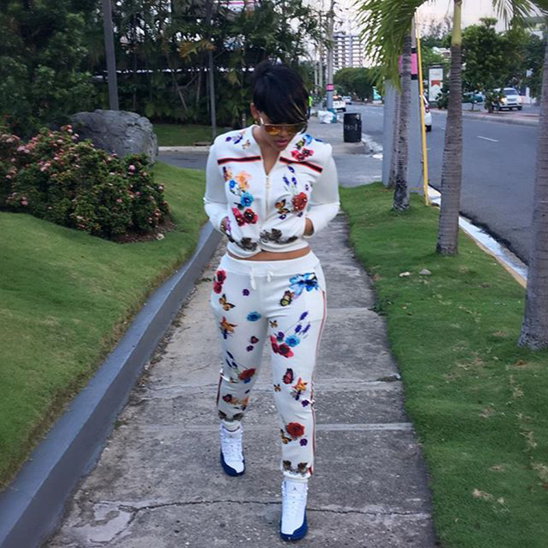2 TWO PIECE SET Print Butterfly Flower Tracksuit Runway Jacket Joggers Matching Pants Women Clothing Track Suits Winter Ensemble T200720
