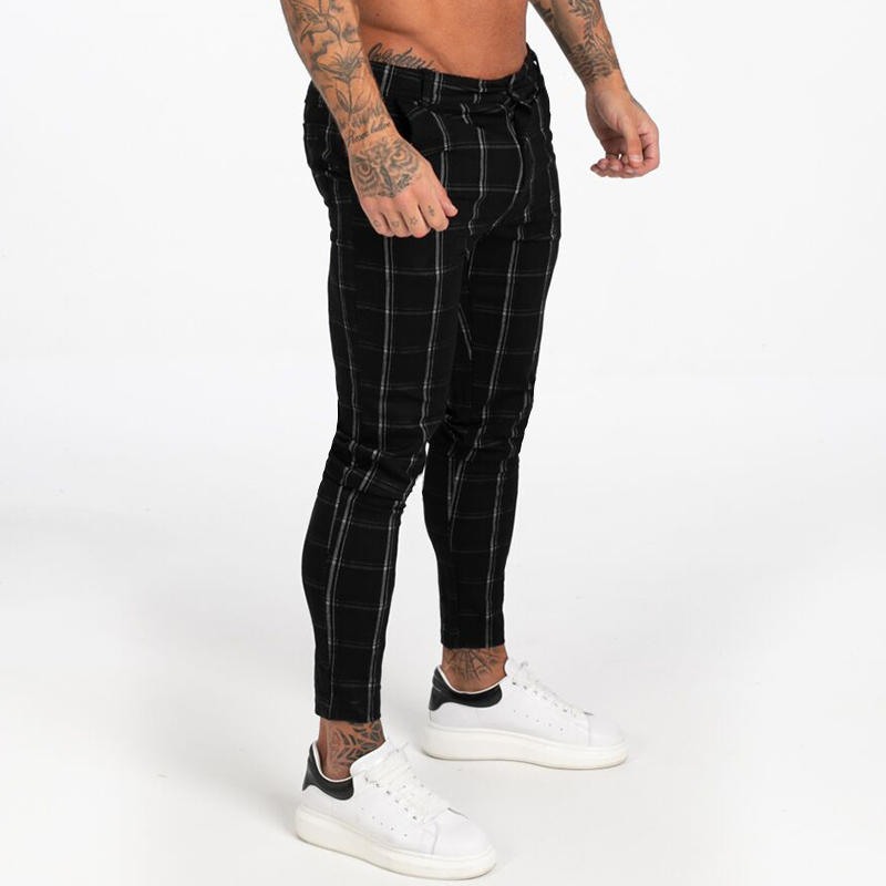 GINGTTO Men's Chinos Pants Skinny Fit Elastic Waist Black Plaid Autumn Stretchy Chinos Pants Men Size 28-36 EU Size Slim Leg 201128