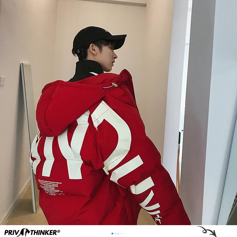 Privathinker Red Letter Printed Men Winter Parka Korean Man Oversized Parka Coats Harajuku Black Casual Jacket Windbreaker 201026