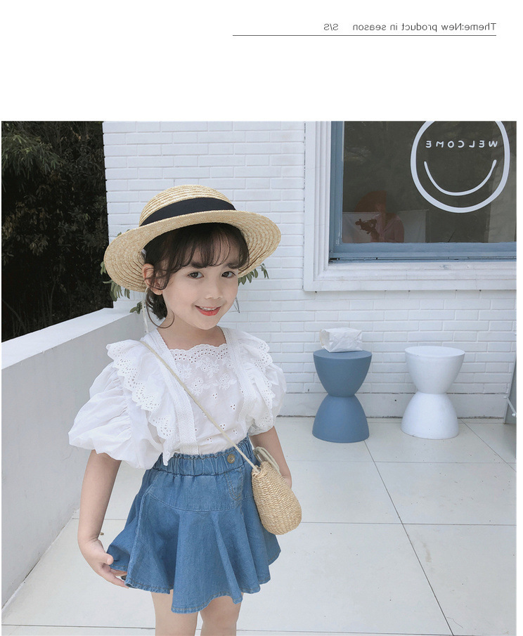 New Fashion Hollow out Children's Sets Baby Girls set white Lace Top + Denim skirt Two-Piece Set 2-7 Can Wear Y1107