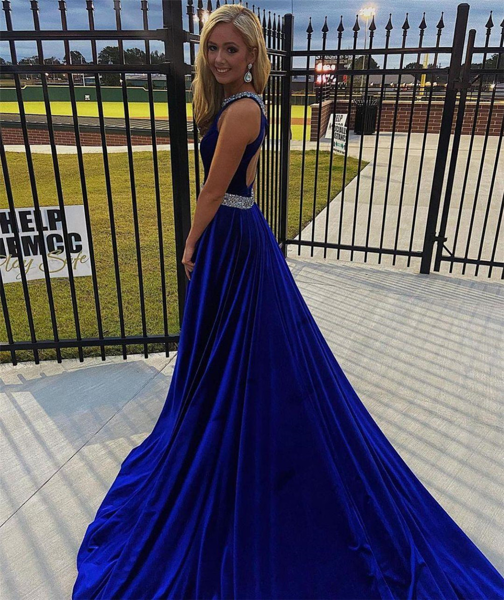 Royal Blue Mermaid Inside Prom Dresses backless Plus Size vestidos fiesta Crystals Open Back Evening Dress 2021 Women Party Gowns with Train