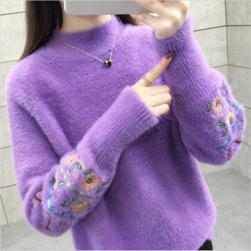 Women O-neck Wool Sweaters Long Sleeve Knitted Casual Embroidery Pullovers Thick Autunm 201222