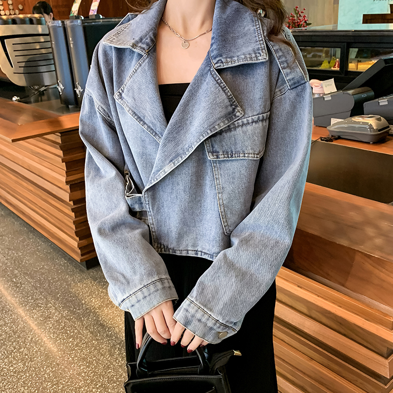 Ly Varey Lin Vintage Denim Jacket Loose Coat Women Spring Turndown Collar Retro Short Jean Jacket Big Pocket Female Overcoat 201112