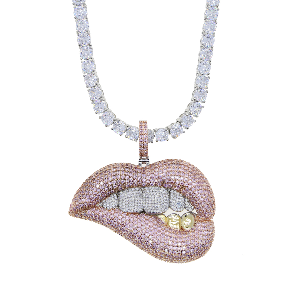 2021 Hiphop Iced Out Bling Clear Pink 5A Cubic Zirconia Big Drip Lip Pendant Necklace for Women Fashion Party Jewelry Wholesale