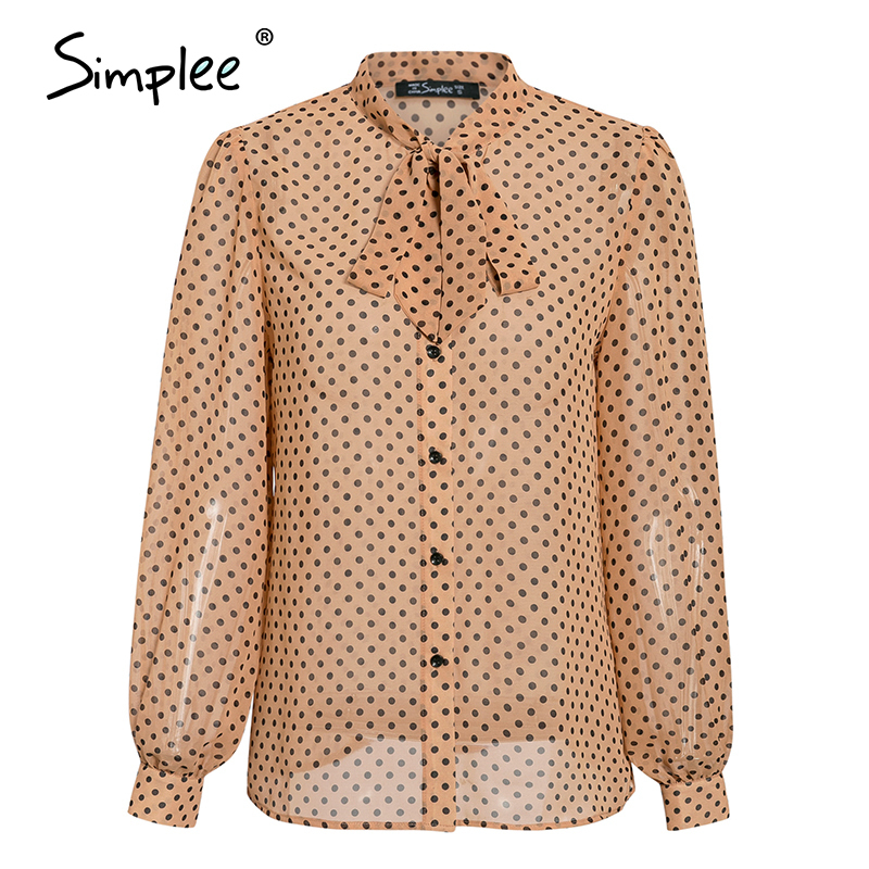 Simplee Vintage polka dot long sleeve women blouse shirt Casul spring neck tie blouse Elegant work wear loose female office top 201130
