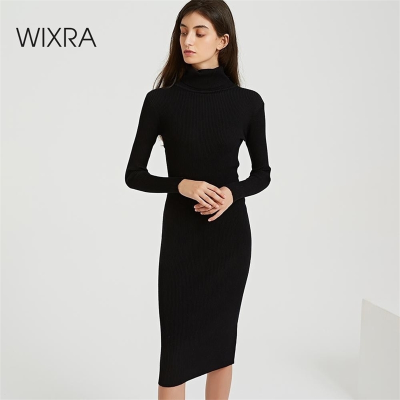 Wixra Autumn Winter Turtleneck Knee-Length Solid Sweater Dress Women Knit Long Sleeve Women's Slim Midi Dresses Bodycon 201008