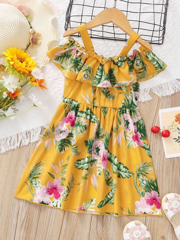 Toddler Girls Tropical Print Cold Shoulder Ruffle Trim Dress SHE