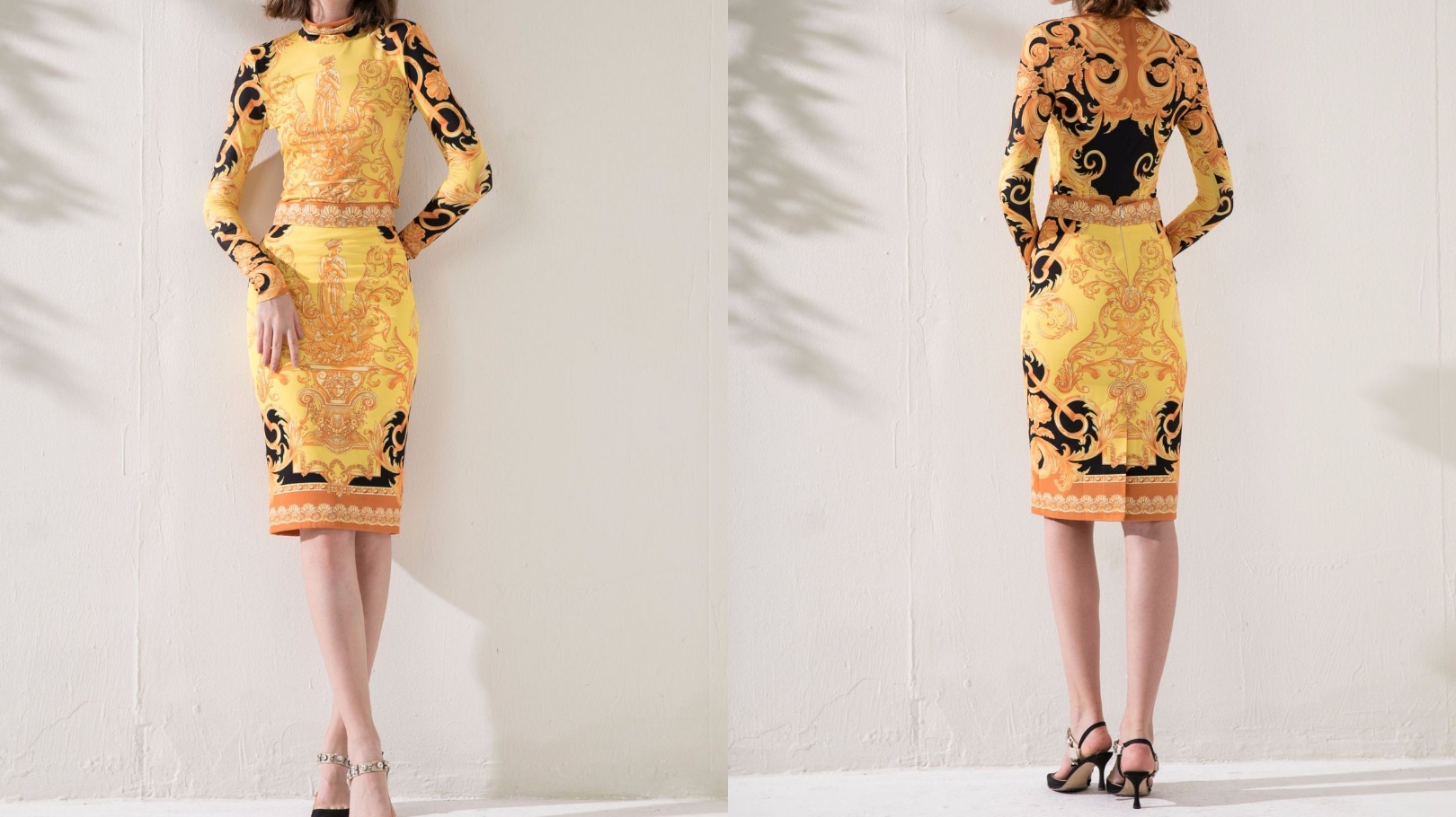 Europe and the United States autumn latest knit printed long-sleeved shirt + bag hip skirt set, Yellow
Europe and the United States autumn latest knit printed long-sleeved shirt + bag hip skirt set, Yellow