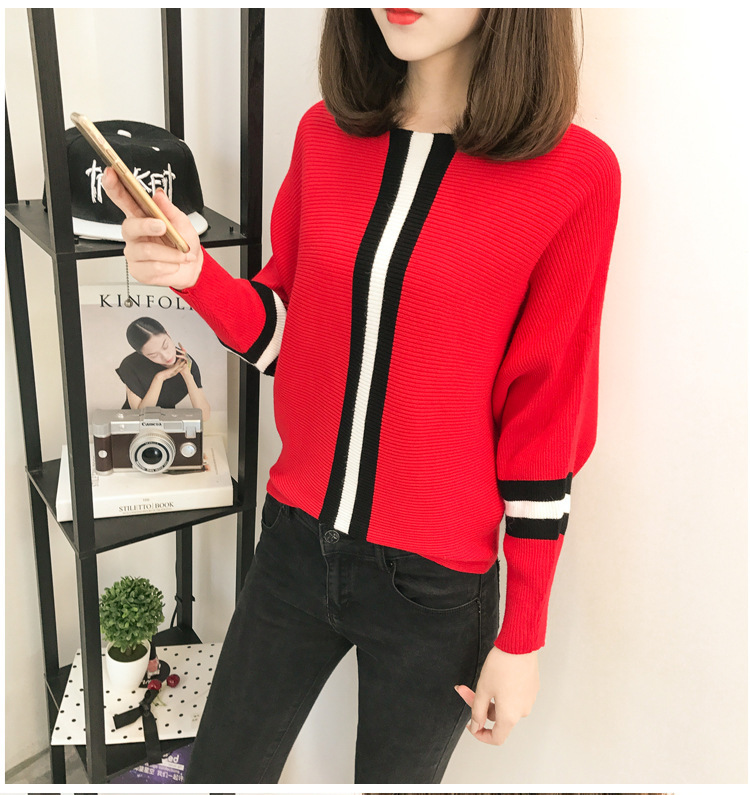 autumn vertical stripe contrast loose pullover sweater women short bat sleeve sweater 201221