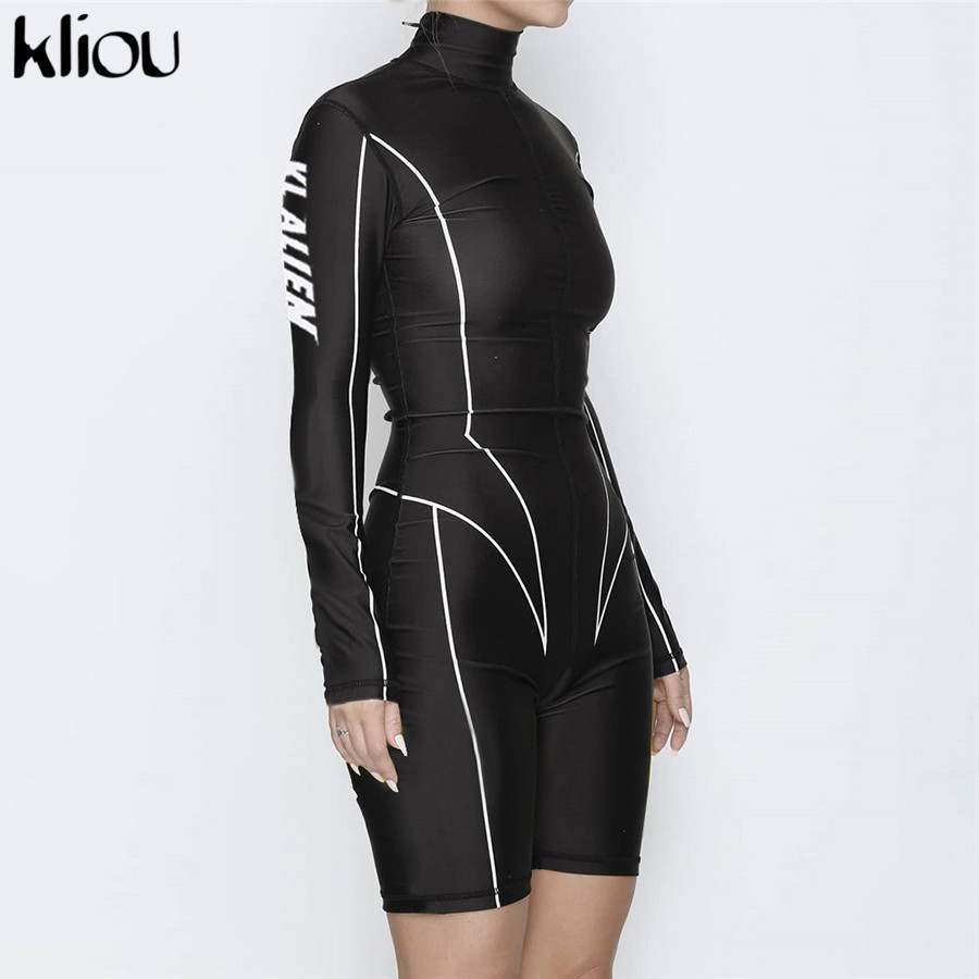 Kliou new women turtleneck full sleeve fitness playsuit white striped patchwork letter print push up skinny casual bodysuit T200113