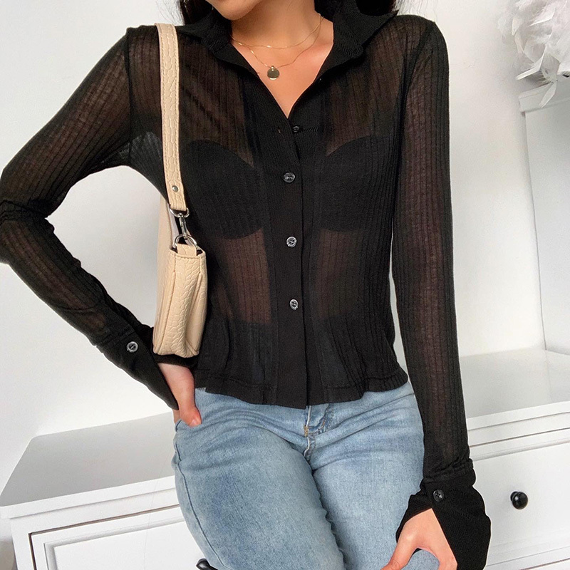 FASHSTREET Sexy New Black Knitted See Through Elastic Blouse Women Turndown Collar Long Sleeve Slim Shirt Party Streetwear 201201