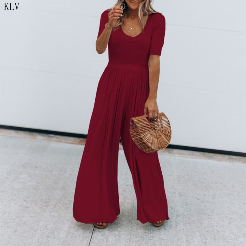 Women Vintage Short Sleeve Jumpsuit Summer O Neck Long Wide Leg Solid Overall Jumpsuits Romper T200509
