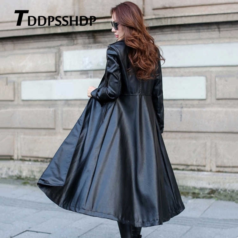 Black and Red Color Long Spring Thick Women Leather Coat Long Sleeve Waist Strap Pocket Female Jacket 201030
