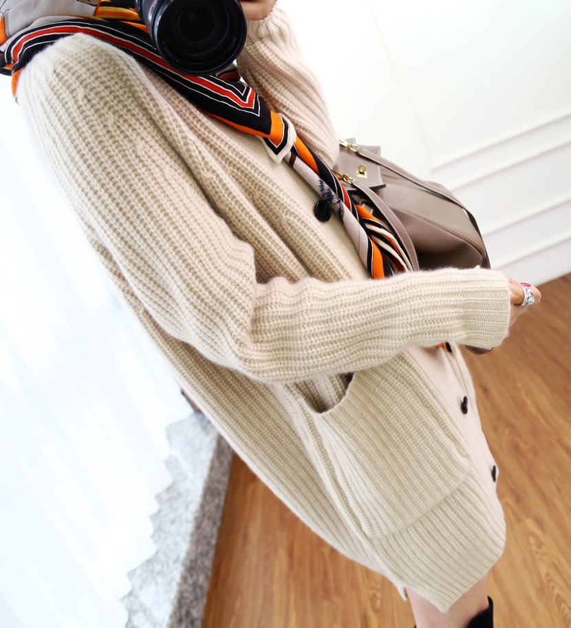 Fall winter wool cardigan women's mid-length V-neck sweater loose thick cashmere knitted jacket 201023