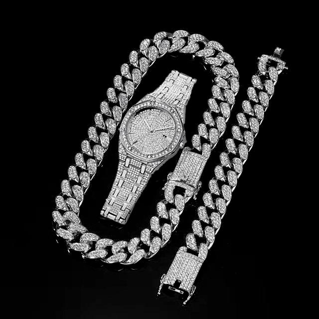 Wristwatches 3Pcs Watch+Bracelet+Necklace Hip Hop Miami Cuban Chain Gold Watch Iced Out Paved Rhinestones CZ Bling Rapper Men Jewelry Joyas, Slivery;brown
Wristwatches 3Pcs Watch+Bracelet+Necklace Hip Hop Miami Cuban Chain Gold Watch Iced Out Paved Rhinestones CZ Bling Rapper Men Jewelry Joyas, Slivery;brown