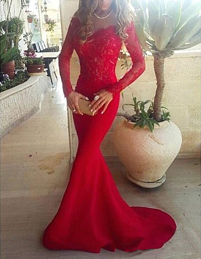Sexy Red Trumpet Prom Dresses For Women Top Appliqued Lace Long Sleeves Sweep Train Mermaid Formal Party Evening Gowns Vestidos de festa
