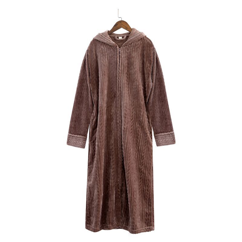 Extra Long Plus Size Winter Warm Flannel Bathrobe Women Men Zipper Hooded Bath Robe Couple Thicken Warm Dressing Gown Sleepwear 210203