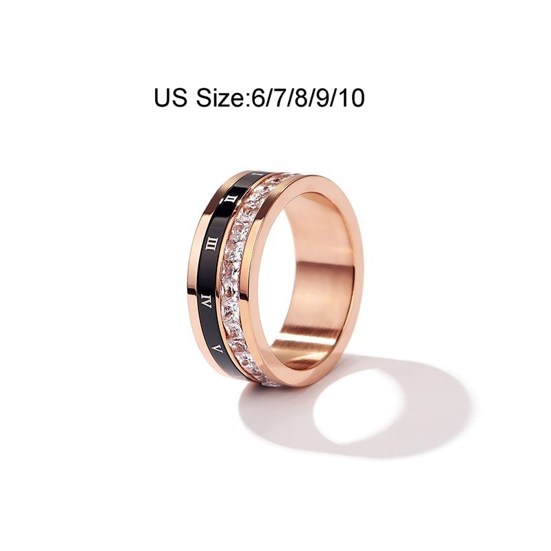 Rotatable Black Roman Numerals Circle Ring Square Cubic Zirconia Rose Gold Rings Jewelry