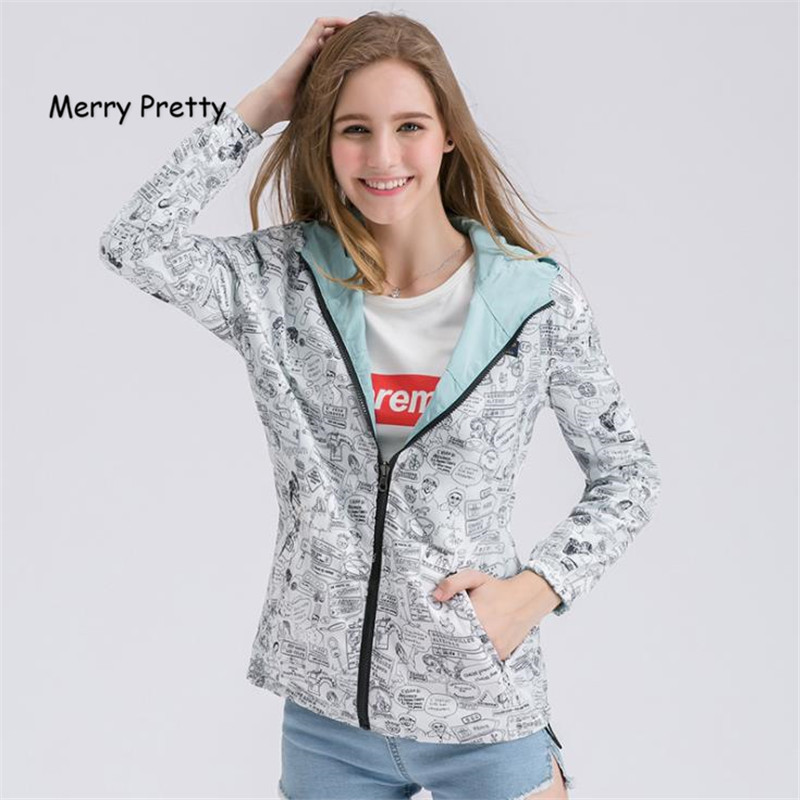 MERRY PRETTY Autumn Women Bomber Basic Jacket Pocket Zipper Hooded Two Side Wear Cartoon Print Outwear Loose Coat 201017