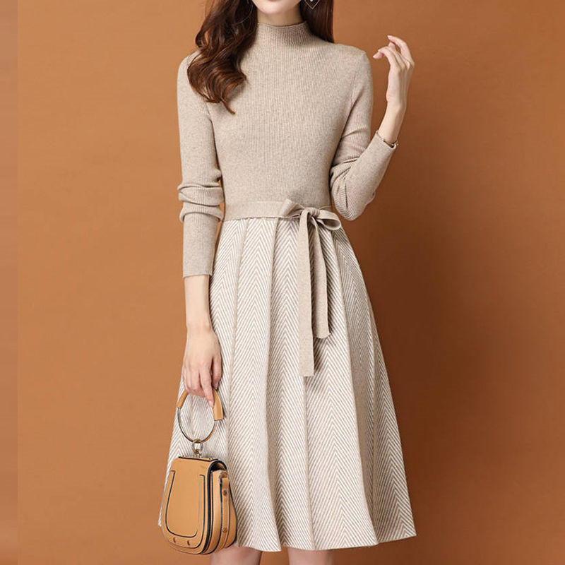Elegant Knitted pleated Female Autumn Winter Long Sleeve Sweater Women Office Lady Casual Midi Dress 201030