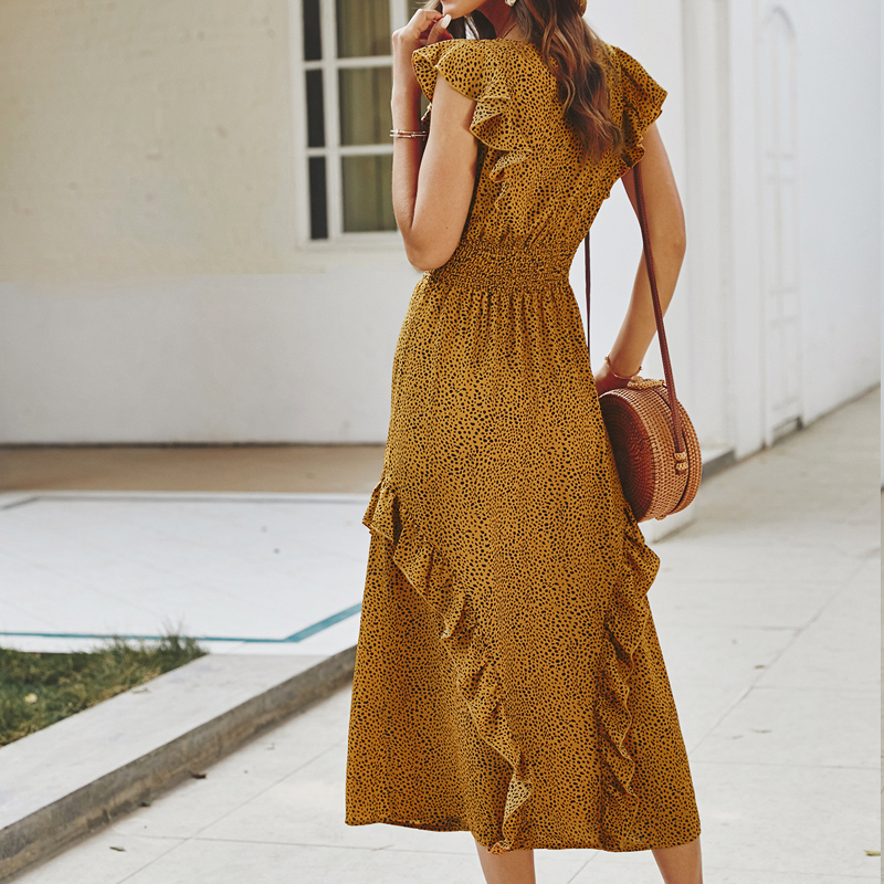 Summer Elegant Sexy Wave point beach Ruffles midi Dress Women Fashion Print dot Ladies boho Vacation dress women vestidos T200604
