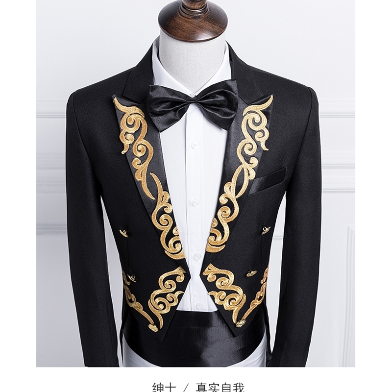 PYJTRL Male Gold Silver Embroidery Lapel Tail Coat Stage Singer Groom Black White Wedding Tuxedos For Men Costume Homme 201128