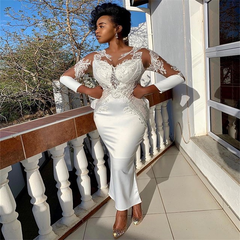 Real Image Chic Evening Dresses Long Sleeves Appliqued Lace Ruffles Formal Prom Dress Custom Made Sweep Train Long Mermaid Party Gown