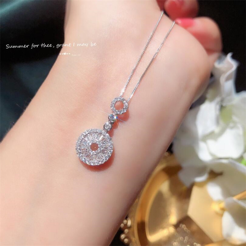 Sterg Circle Pendant Necklace with White Topaz CZ Dia for Women, Clavicle Chain, Party Princess Cut, Sier Plated 9e56