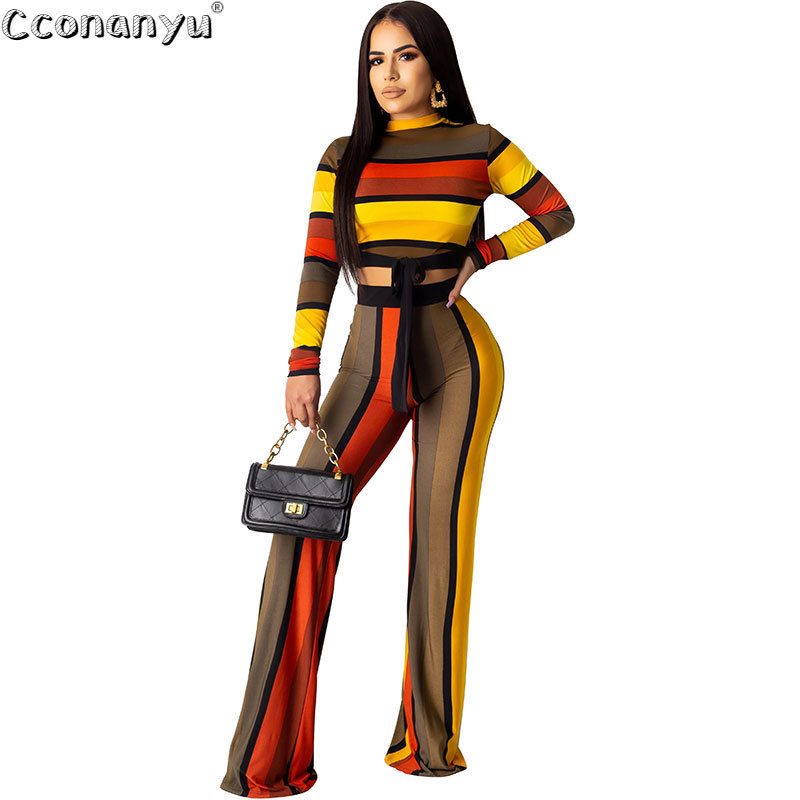 Elegant Striped print two-piece set Casual long-sleeved Top And Long Pants fashion temperament sweatsuit 201120